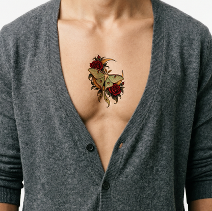 Illustration de tatouage de papillon lunaire sur croissant de lune avec roses