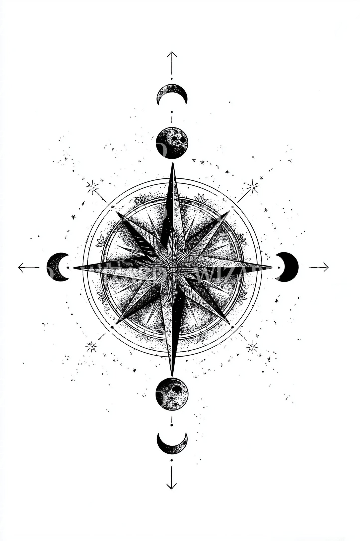 Lunar Compass with Phases Tattoo Illustration