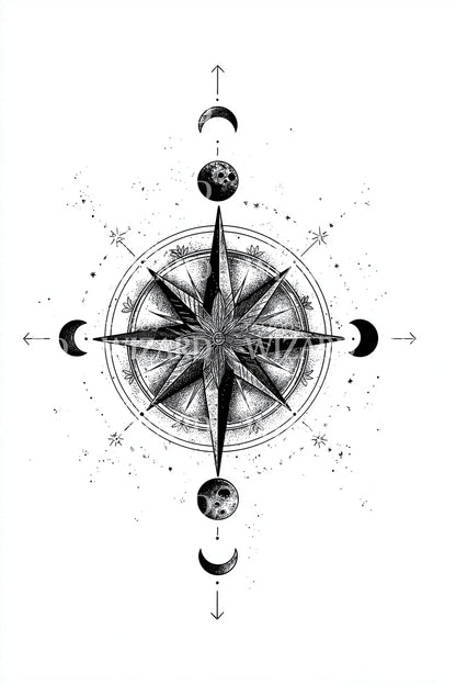 Lunar Compass with Phases Tattoo Illustration