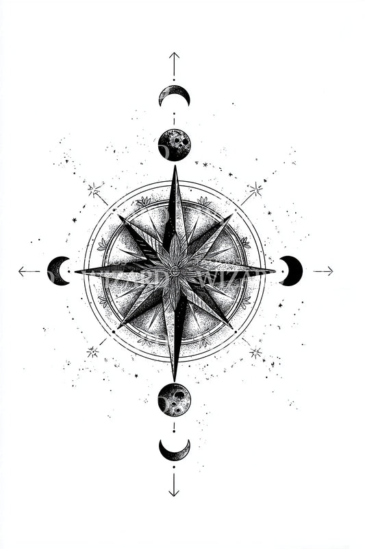 Lunar Compass with Phases Tattoo Illustration