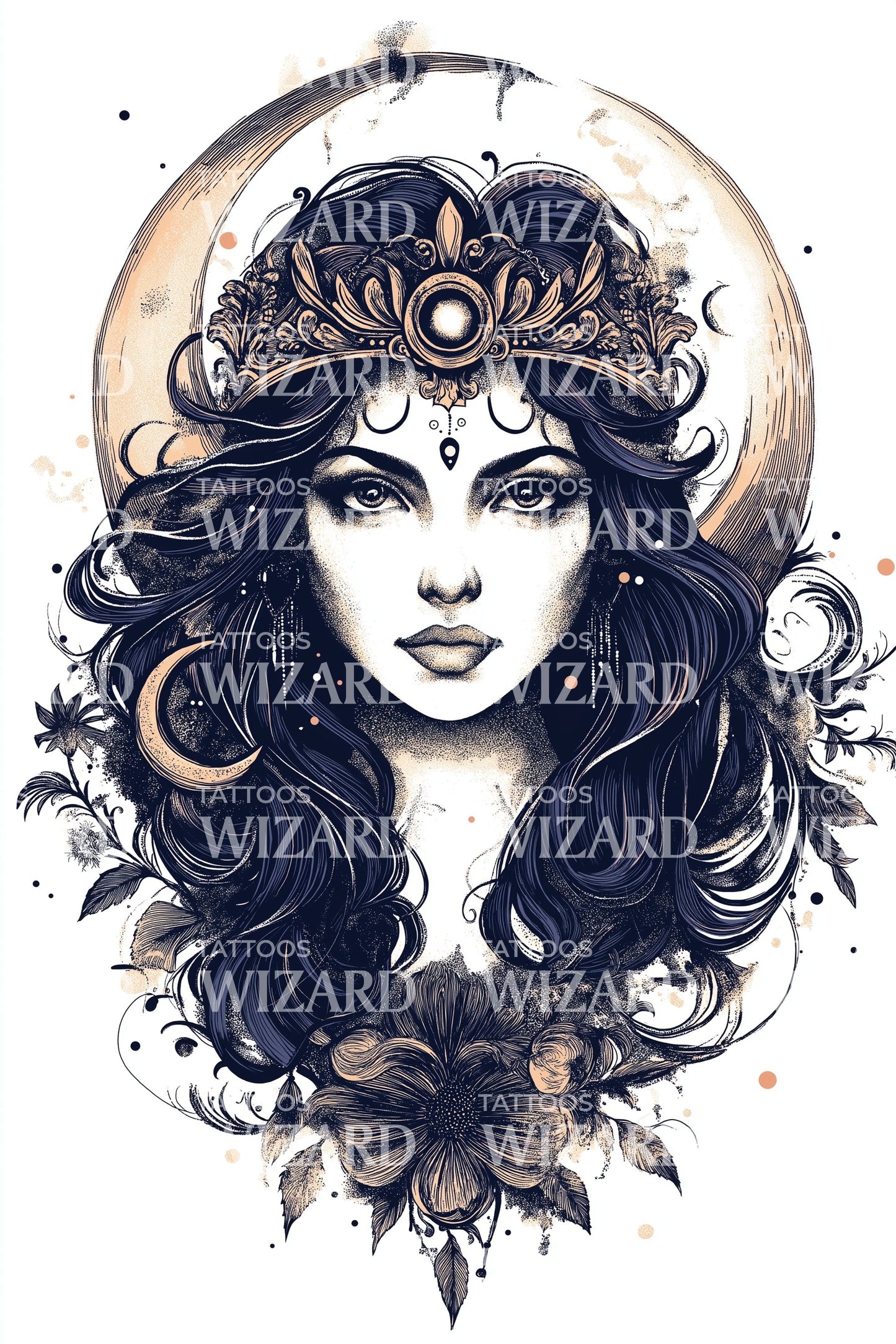 Lunar Crowned Sorceress Tattoo Illustration