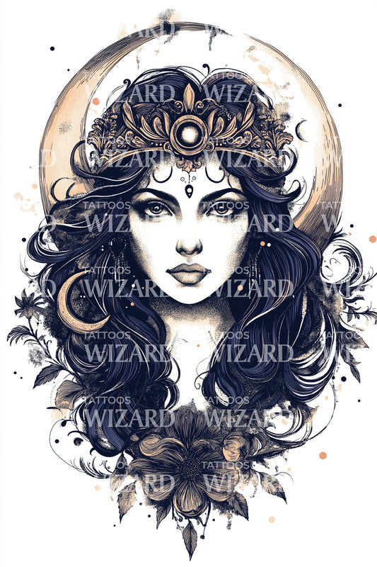 Lunar Crowned Sorceress Tattoo Illustration