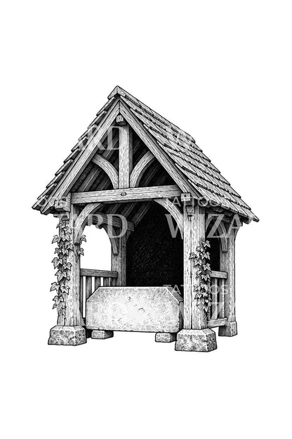 Tattoo-ontwerp van een lychgate met grafsteen