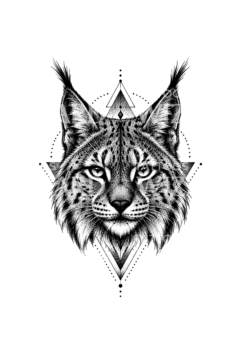 Dotwork-tatuering av lodjursansikte med geometriska trianglar