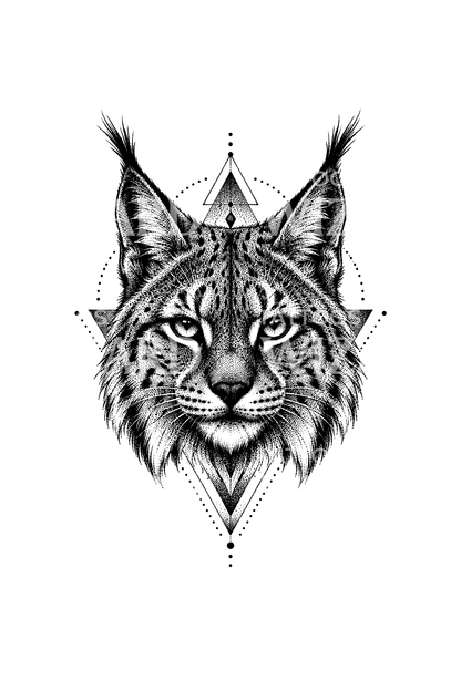 Dotwork-tatuering av lodjursansikte med geometriska trianglar