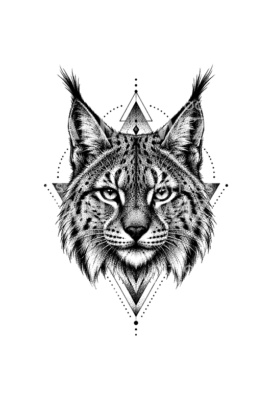 Tatouage dotwork d’un visage de lynx aux triangles géométriques