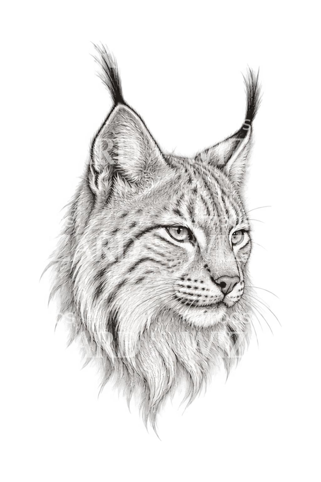 Hlava rysa s chomáčky uší v jemné lince