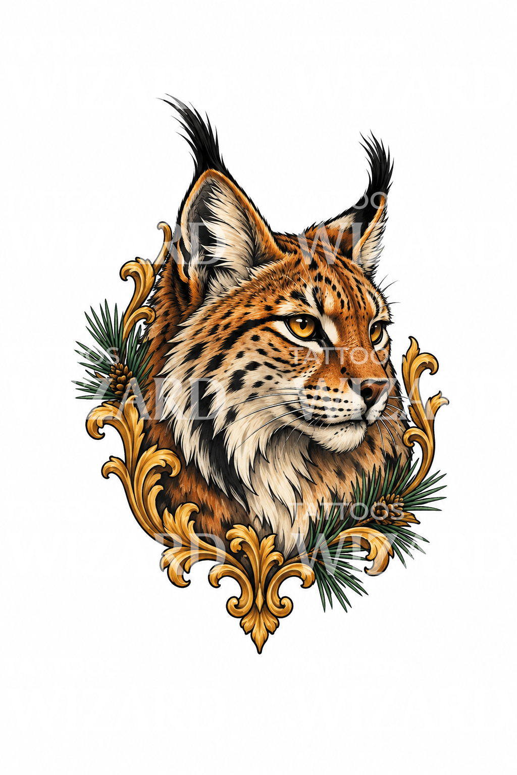 Tatueringsdesign med lodjurshuvud, guldfiligran och tall