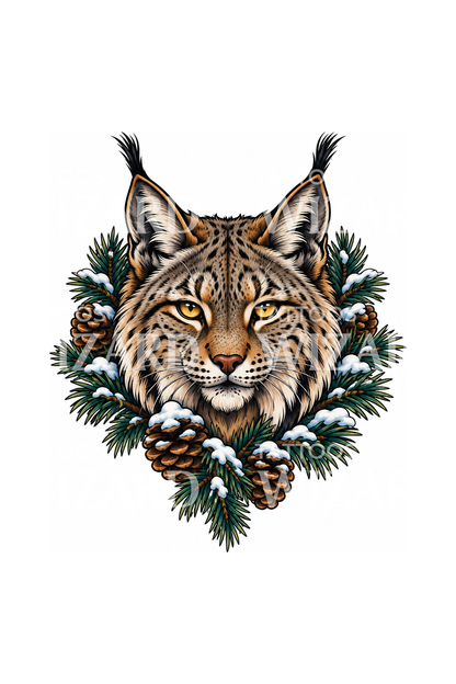 Lynx in Snowy Pine Wreath Tattoo Design