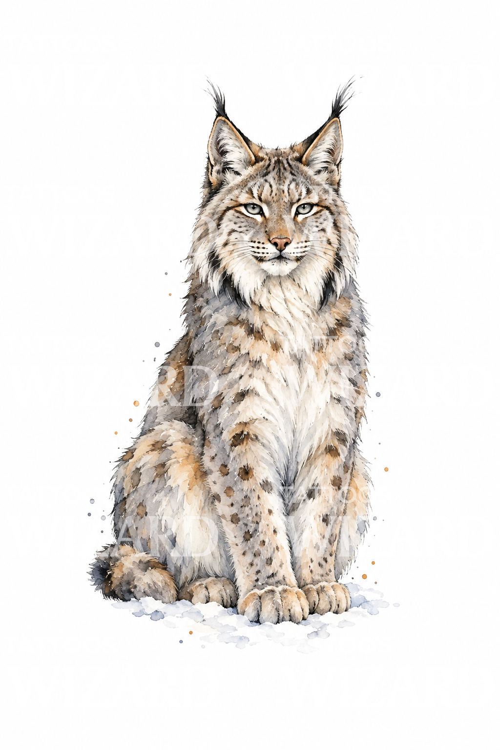 Aquarel-tatoeage-idee van een zittende lynx in de sneeuw