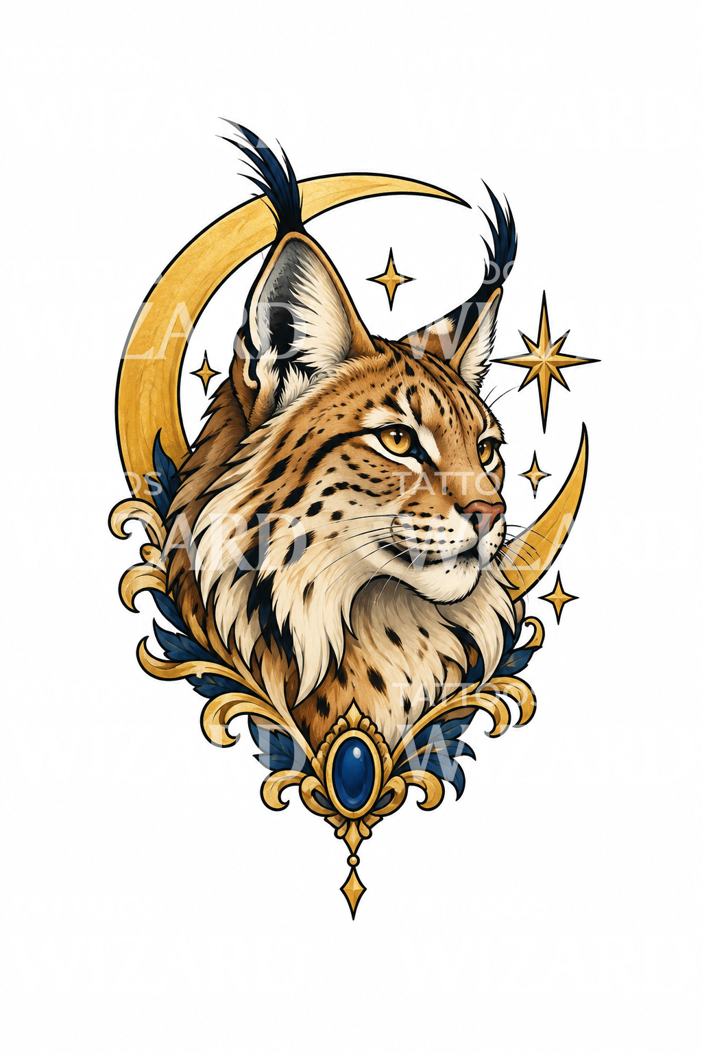 Tatouage d’un lynx avec croissant de lune doré