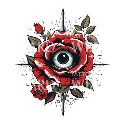 Old School Eye and Rose Compass Tattoo Design
