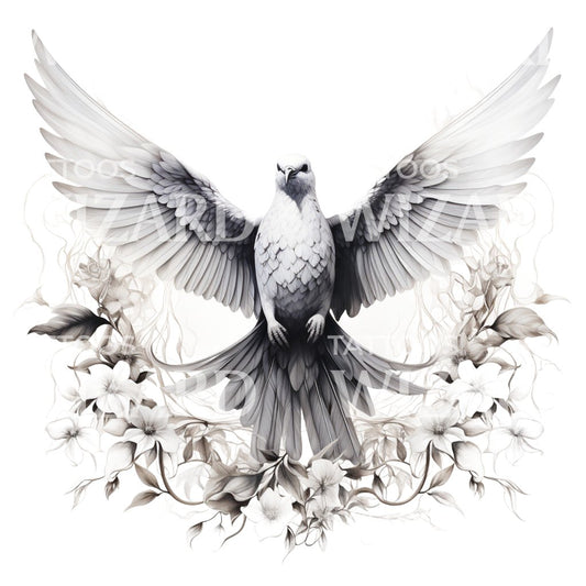 White Dove with Flowers Tattoo Design