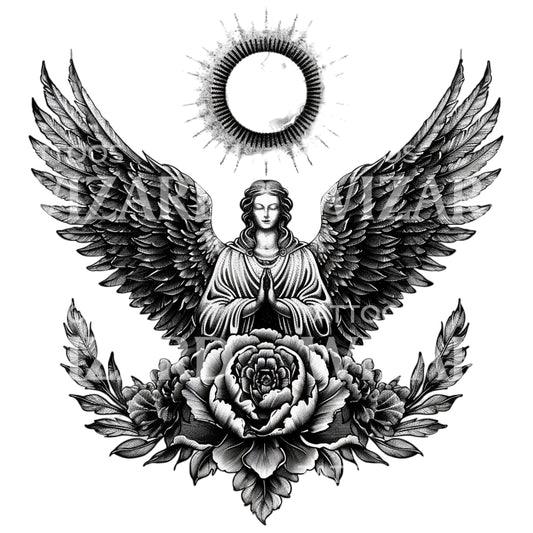 Praying Angel Under Full Moon Tattoo Design
