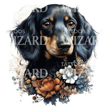 Daschund Puppy With Flowers Tattoo Design