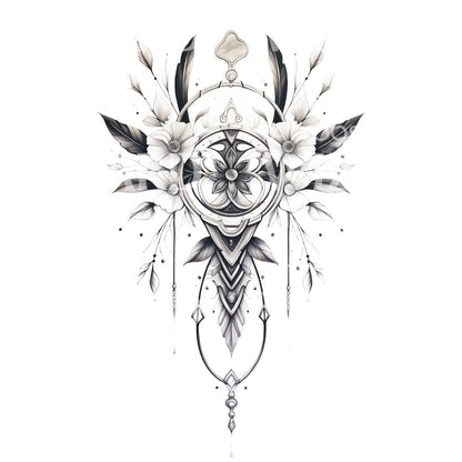 Ornamental Feathers and Flowers Tattoo Design