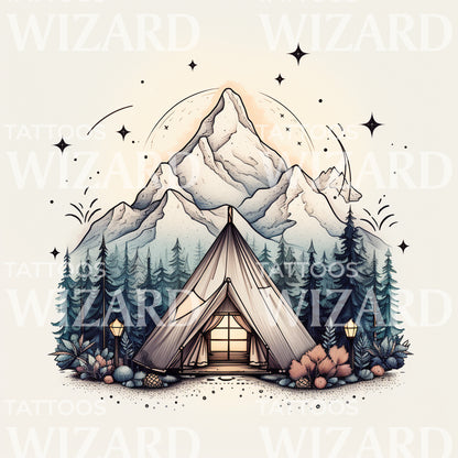 Tent in a Pine Tree Forest Tattoo Design