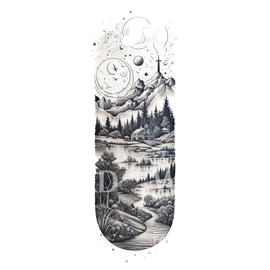 Conception de tatouage nature paysage de montagne Dotwork