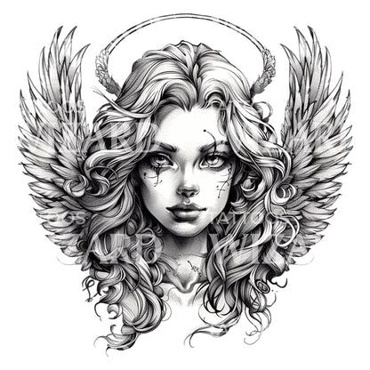 Rebel Angel Portrait Black and Grey Tattoo Design