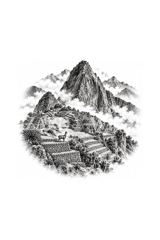 Machu Picchu-landschapstattoo in dotwork