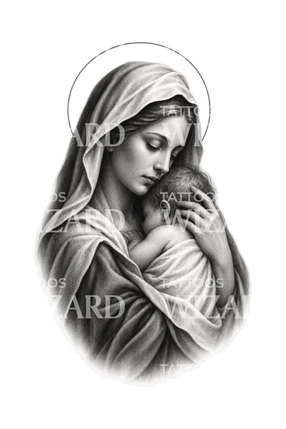 Madonna och barn, svartgrå tatueringsdesign