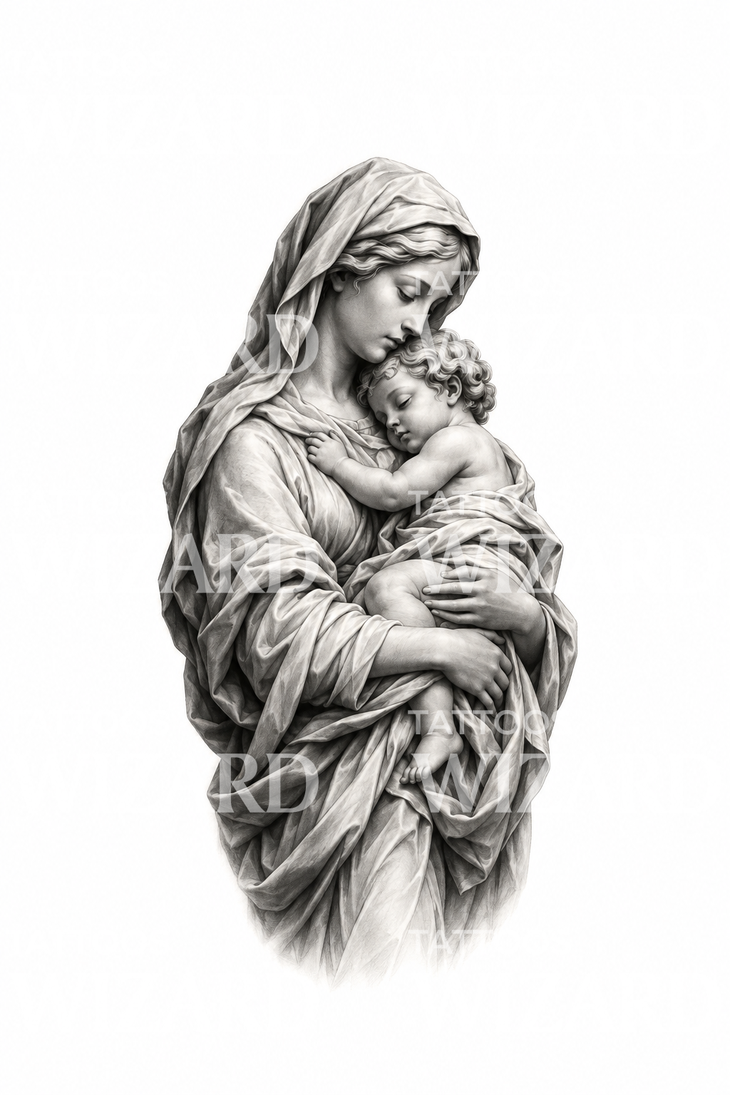 Madonna and Child Marble Statue Black and Grey Tattoo