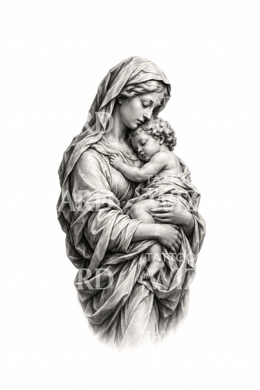 Zwart-grijze tatoeage van een marmeren Madonna-en-kindbeeld