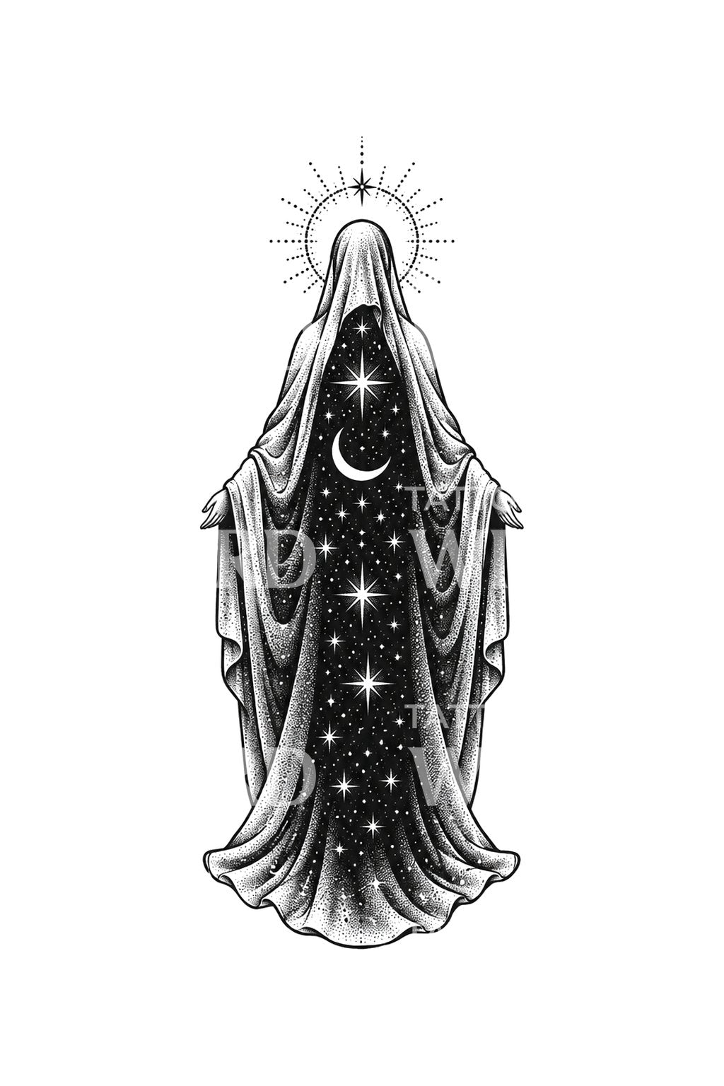 Madonna gehuld in sterren en een maansikkel, tattoo-ontwerp
