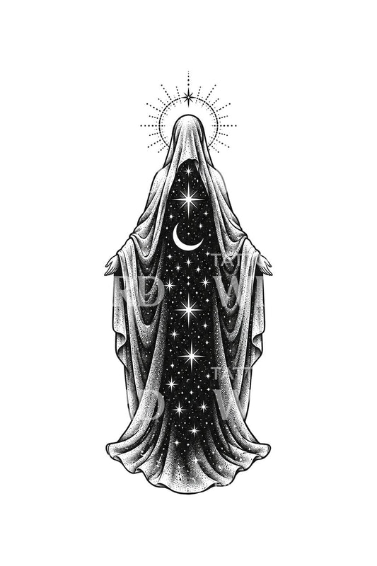 Madone drapée d’étoiles et d’un croissant de lune, motif de tatouage
