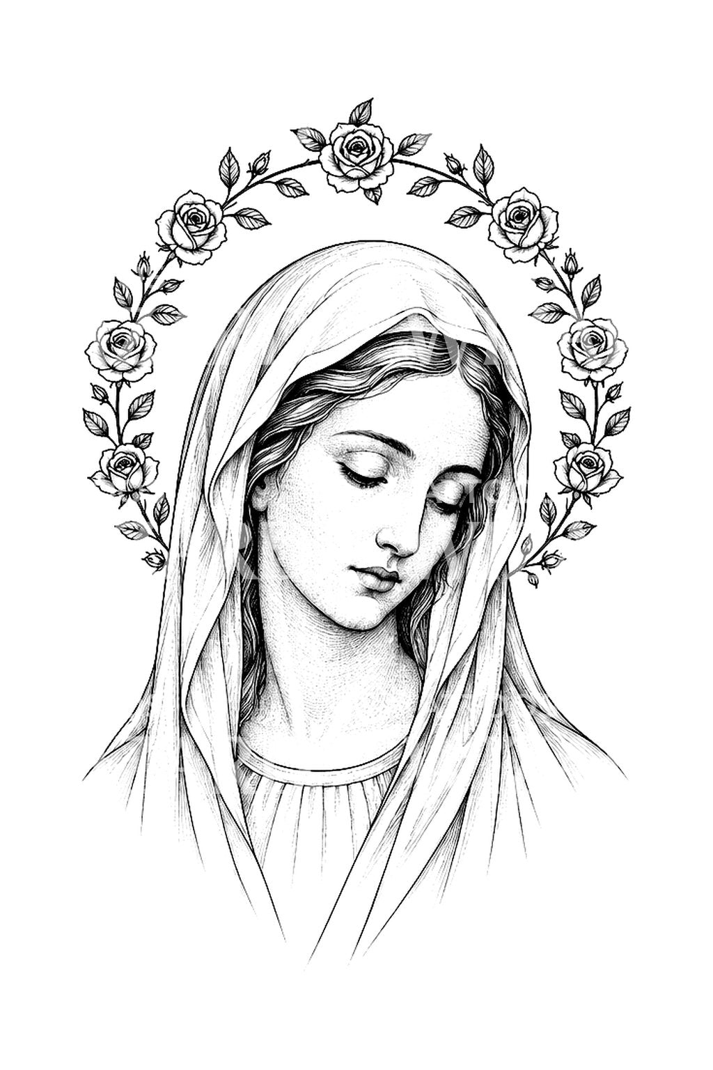 Fineline-Tattooillustration einer Madonna mit Rosen