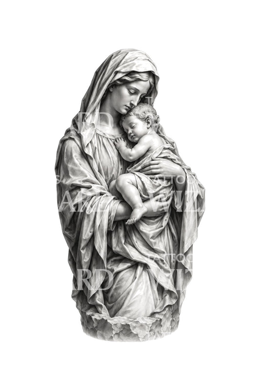 Tatuering av Madonna med barnet som staty