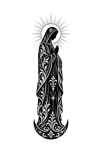 Desenho de tatuagem blackwork Madonna na lua crescente