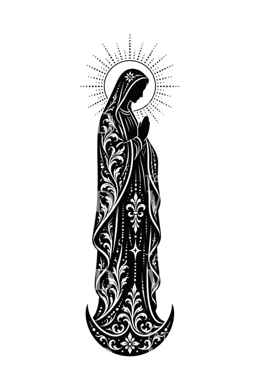 Desenho de tatuagem blackwork Madonna na lua crescente