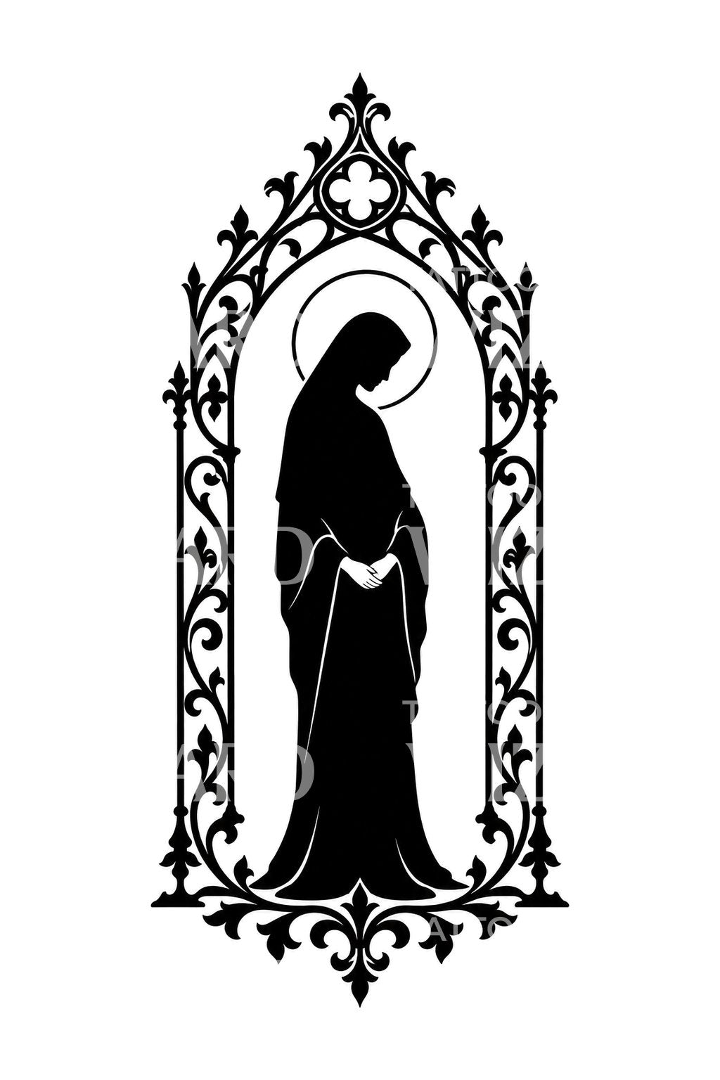 Tatuagem de silhueta de Madonna num arco gótico