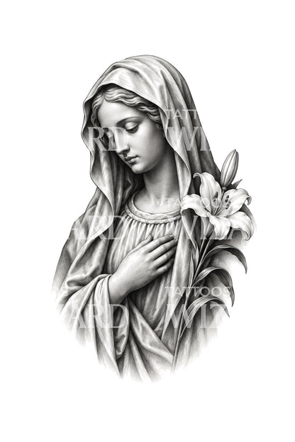 Tattoo-Design Madonna-Statue mit weißer Lilie