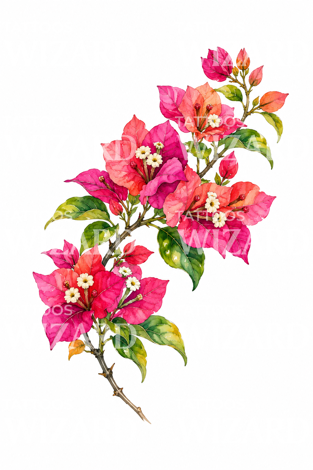 Magenta Bougainvillea Branch Watercolor Tattoo Design
