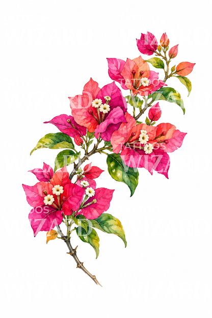 Magenta Bougainvillea Branch Watercolor Tattoo Design