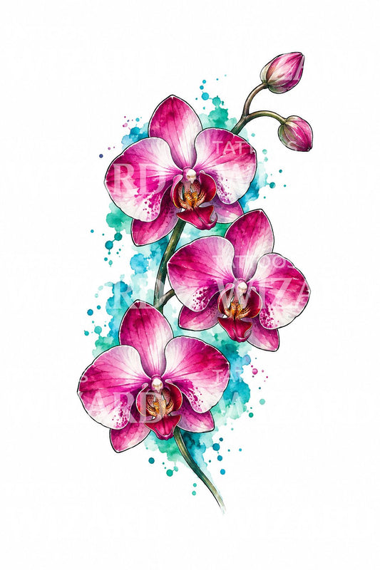Magenta Orchid Spray with Teal Splash Tattoo Design