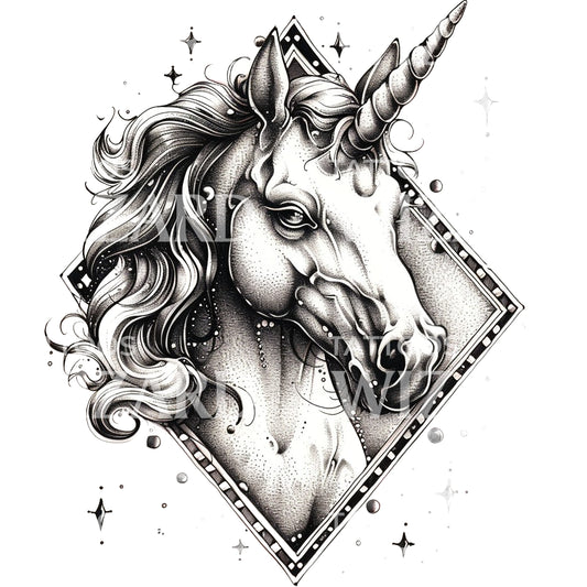 Magnificient Unicorn Dotwork Tattoo Design