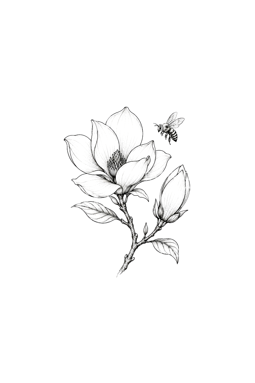 Tatuaje fine line de magnolia en flor y capullo con abeja
