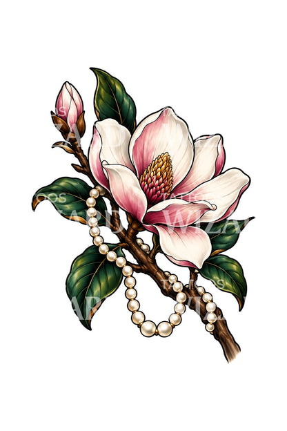 Tattoo med magnoliagren draperet med perler