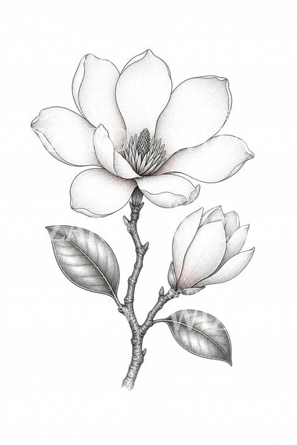 Magnolia Branch Fine Line Tattoo Design