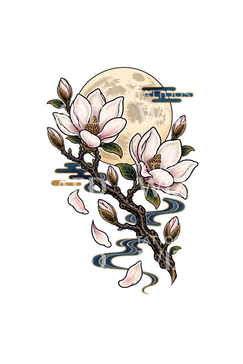 Magnolia Branch Under Full Moon Tattoo Illustration