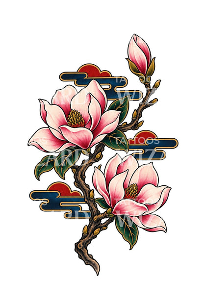 Irezumi-tatovering med magnoliagren og skystriber