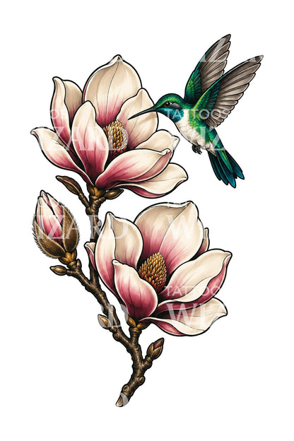 Desain Tato Ranting Magnolia dengan Burung Kolibri