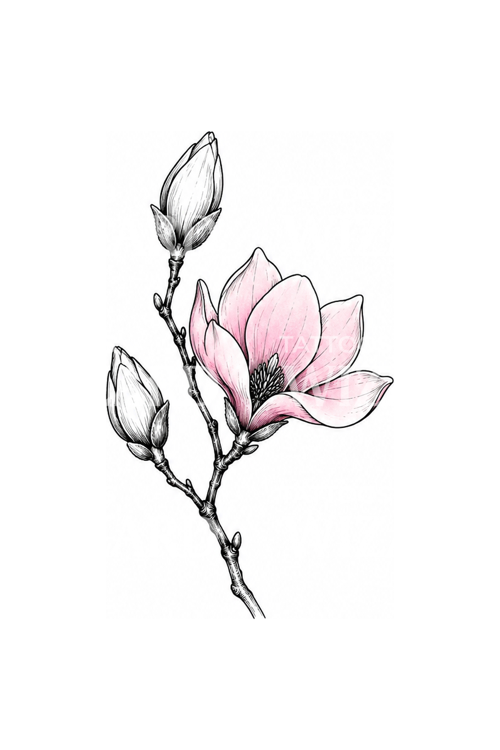 Idea de tatuaje de rama de magnolia con una flor sonrosada en boceto
