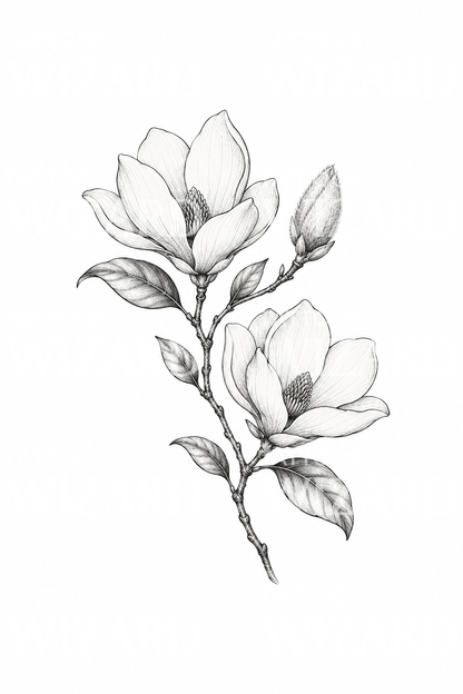Fine line-tatovering av magnoliagren med to blomster