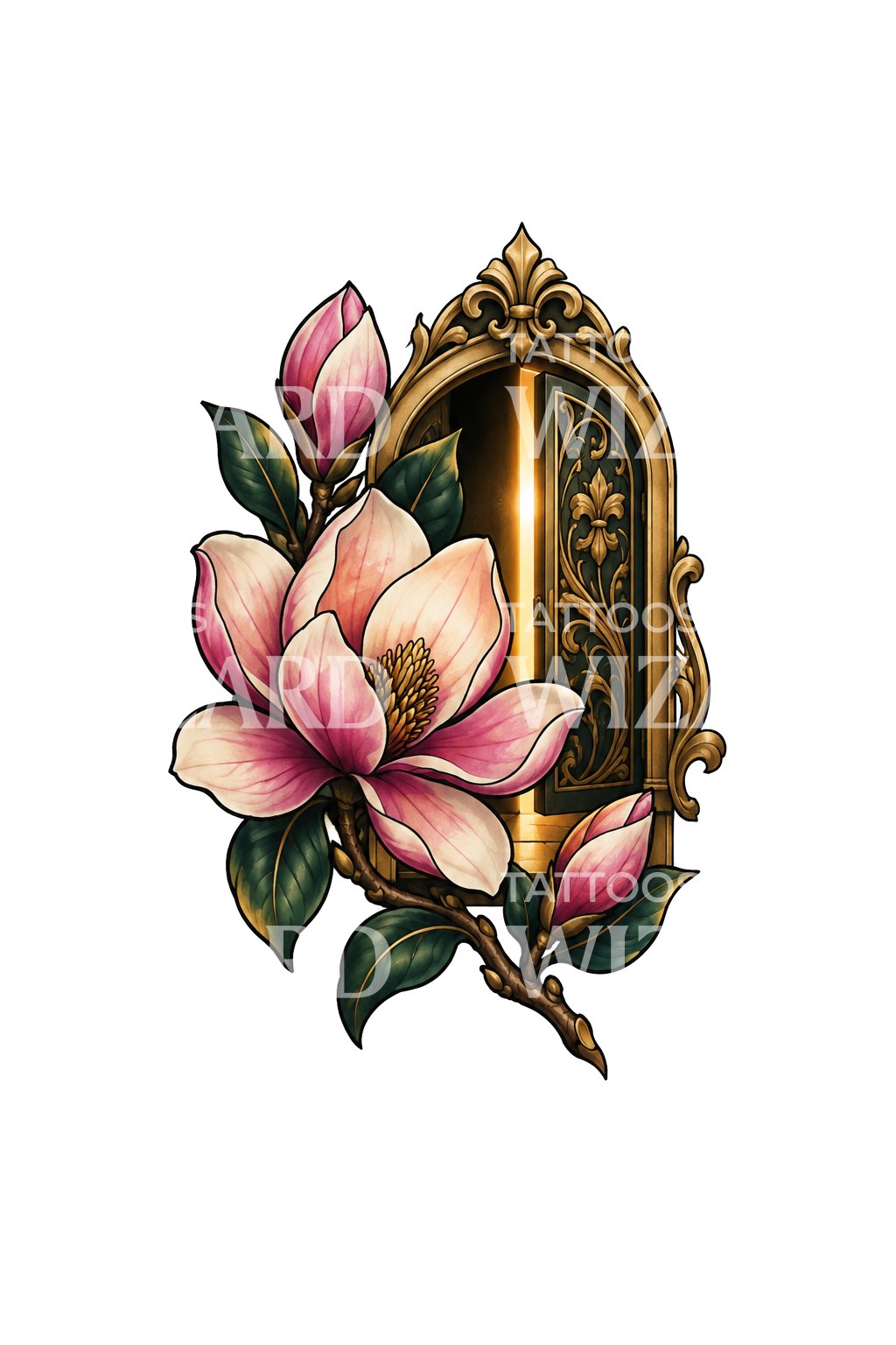 Tatouage de magnolia près d’une porte ouverte dorée