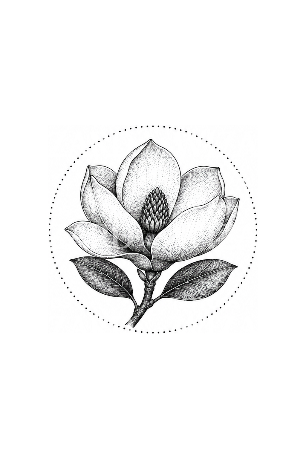 Idea de tatuaje de magnolia en un círculo punteado