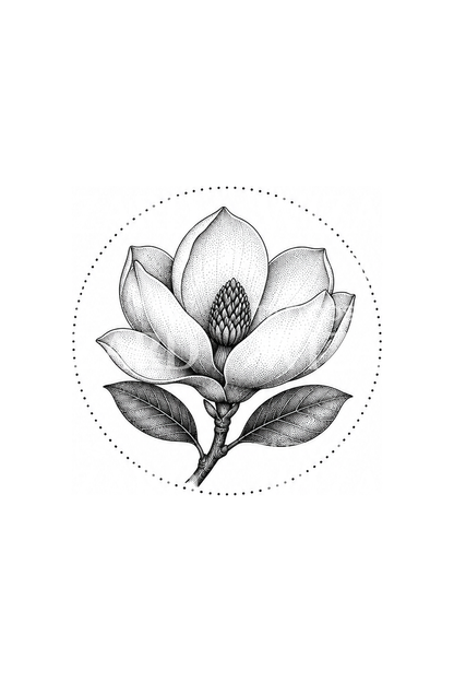 Idea de tatuaje de magnolia en un círculo punteado